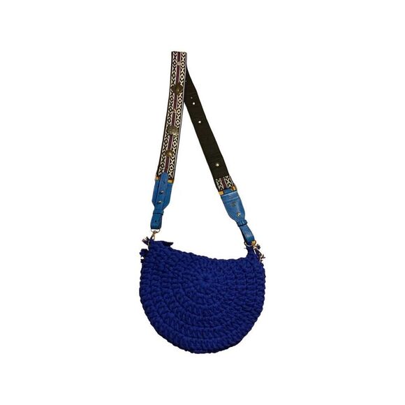 Free People Indigo Blue Macramé Crescent Bag Slouchy Tassel Crossbody, New - Picture 8 of 9